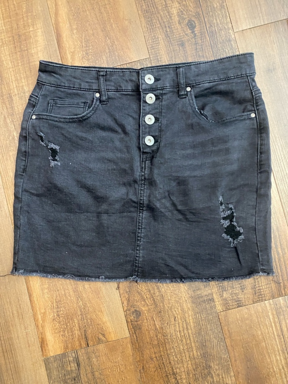 True Craft Black Distressed Button-Front Denim Mini Skirt